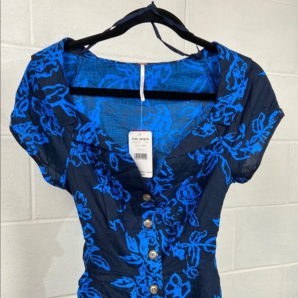 $128 NWT Free People A Thing Called Love Mini Dress Size‎ 6 Navy Combo Boho 90s
